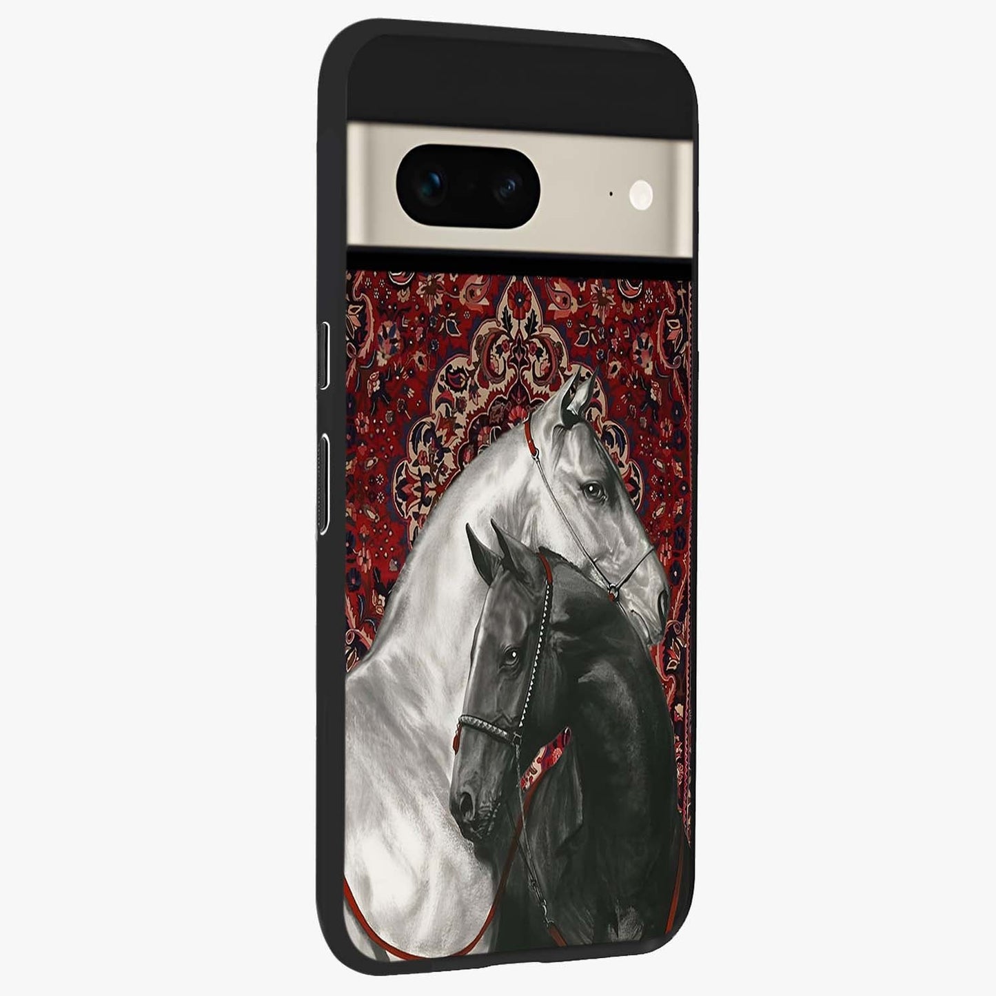 Regal Stallion Tapestry Glass Case upright view showcasing powerful horse artwork with elegant tapestry theme.