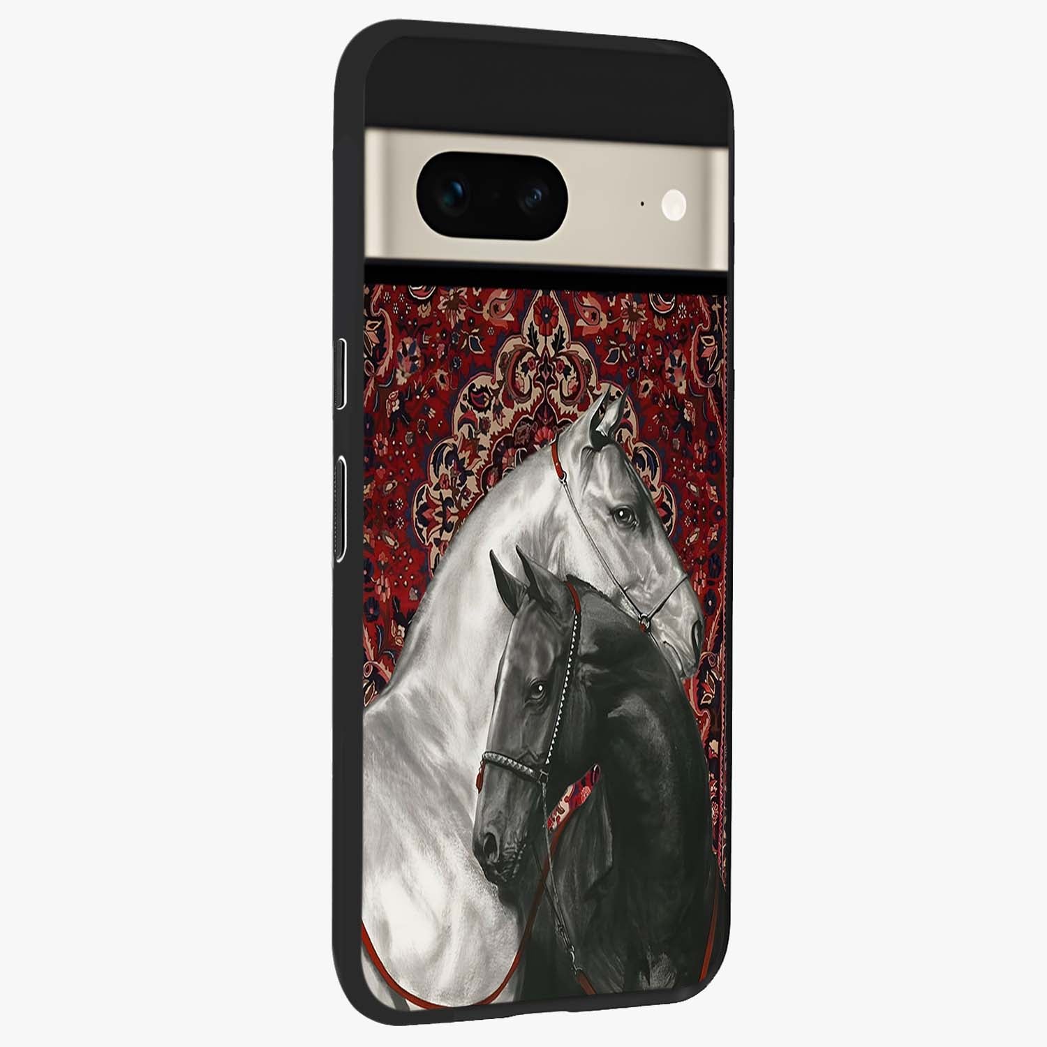 Regal Stallion Tapestry Glass Case upright view showcasing powerful horse artwork with elegant tapestry theme.