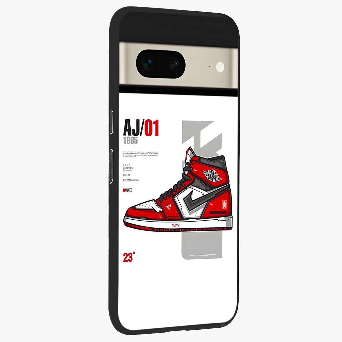 Retro Sneaker Blueprint Glass Case upright view showcasing stylish sneaker illustration with vintage streetwear theme.