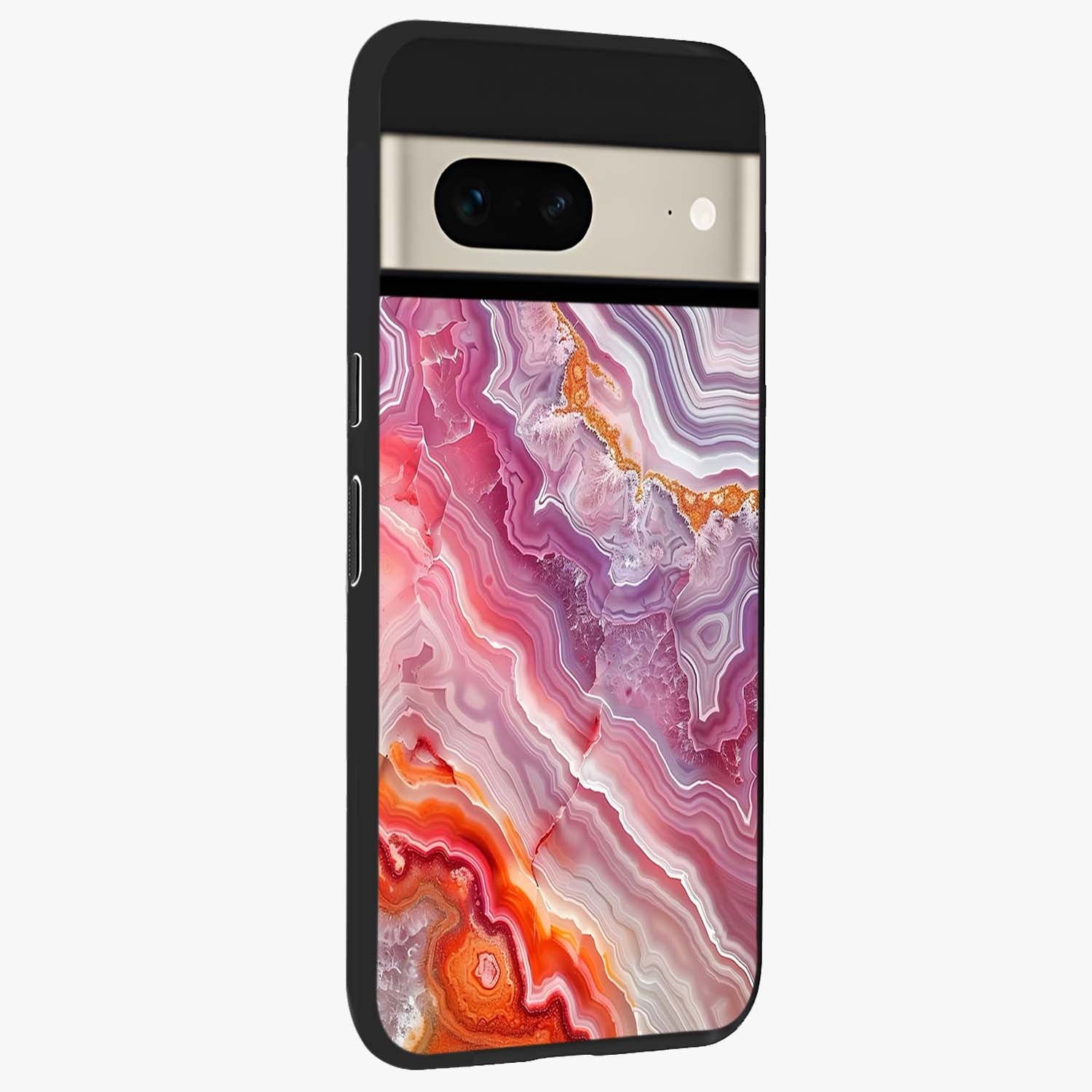 Rose Quartz Marble Glass Case upright view showcasing decorative marble artwork with luxurious pastel theme.