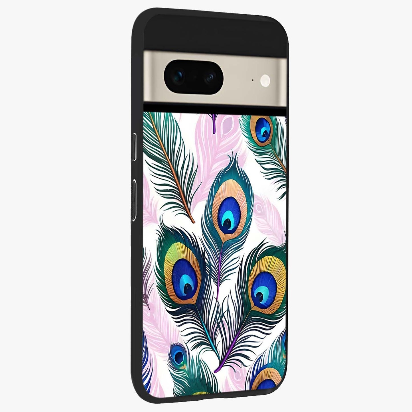Royal Peacock Feathers Glass Case upright view showcasing elegant peacock feather artwork with decorative royal theme.