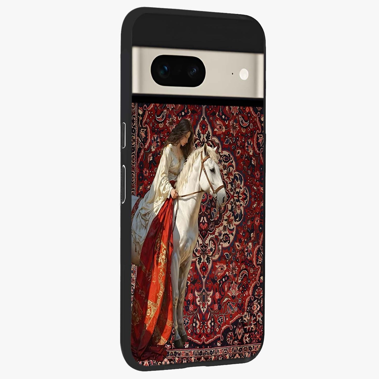 Royal Rider Tapestry Glass Case upright view showcasing detailed rider artwork with classic tapestry theme.