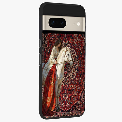 Royal Rider Tapestry Glass Case upright view showcasing detailed rider artwork with classic tapestry theme.
