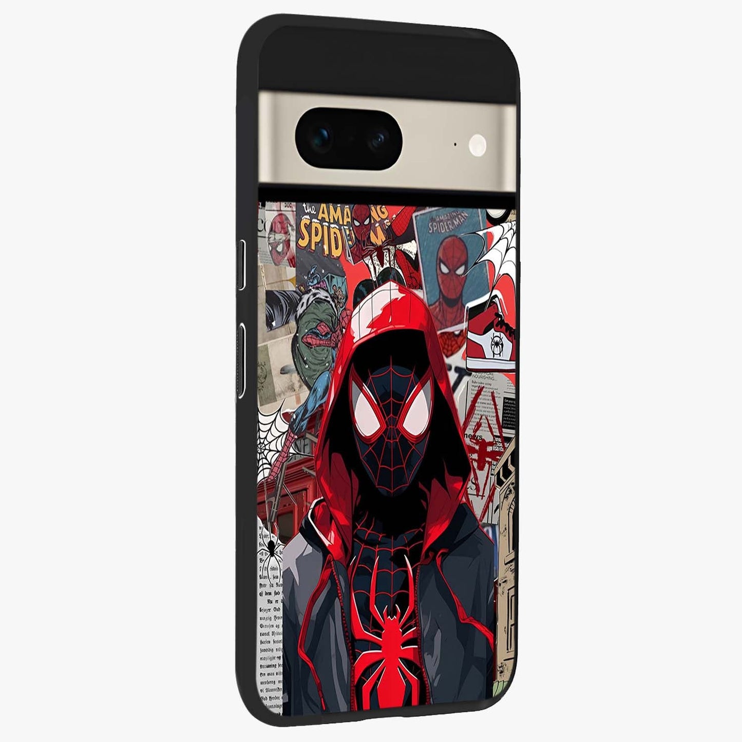 Spider Collage Street Glass Case upright view showcasing bold superhero artwork with urban street theme.