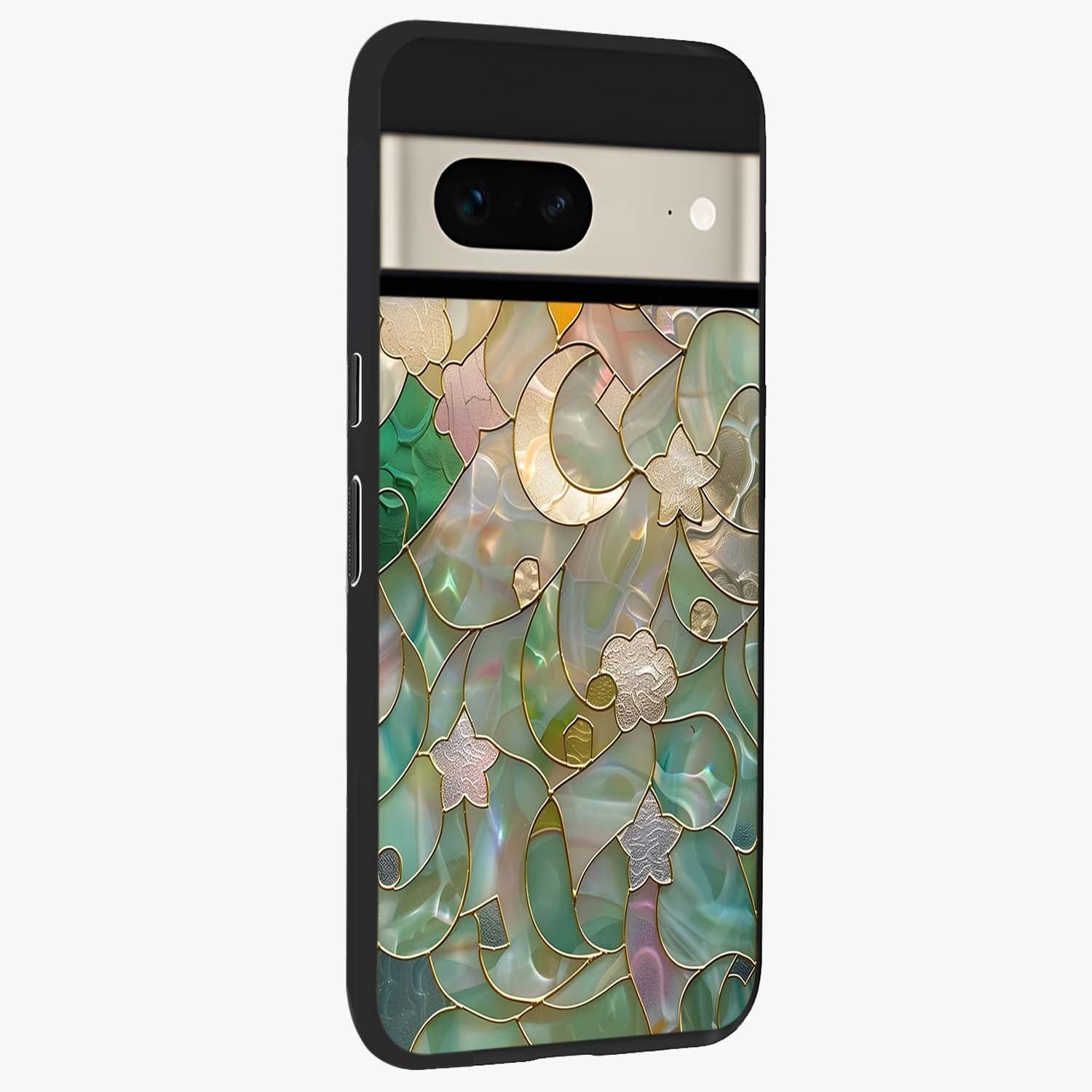 Stained Sunrise Glow Glass Case upright view showcasing colorful sunrise artwork with warm morning theme.