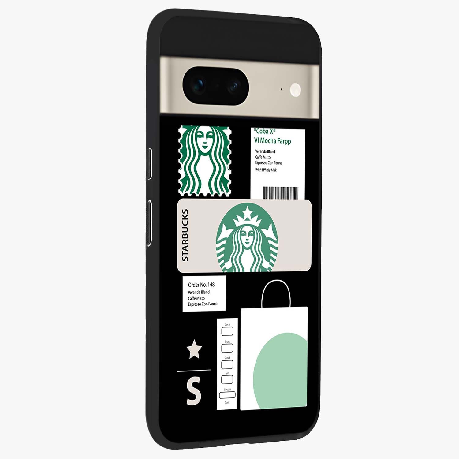Starbucks Mocha Glass Case upright view showcasing trendy coffee inspired artwork with modern lifestyle theme.