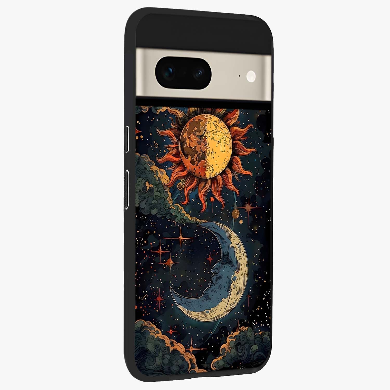 Sun And Moon Magic Design Glass Case upright view showcasing decorative sun and moon artwork with spiritual celestial theme.