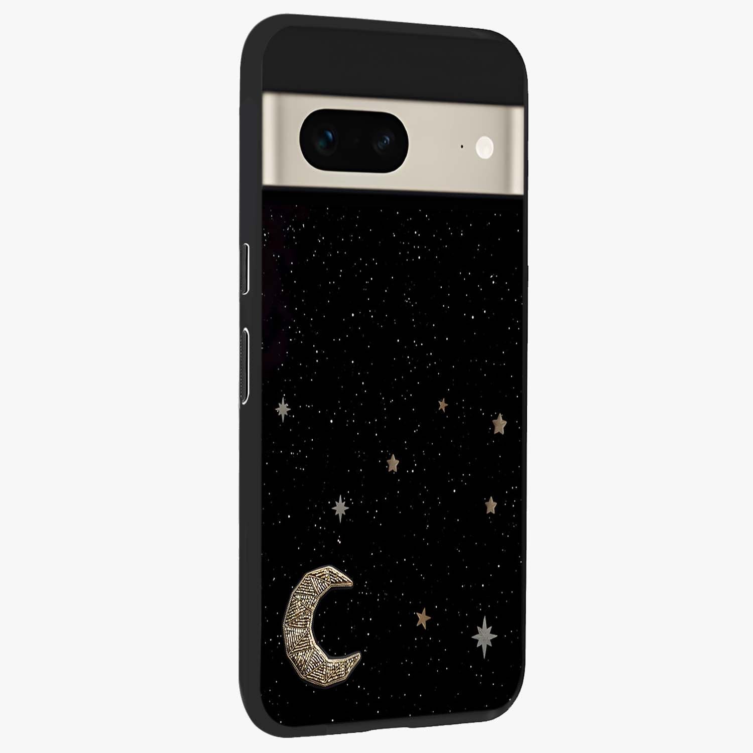 Twinkle Star With Half Moon Glass Case upright view showcasing glowing cosmic artwork with dreamy night theme.