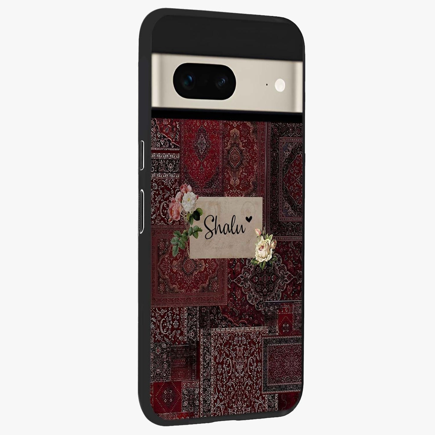 Velvet Wine Pattern Custom Name Glass Case upright view showcasing luxurious wine toned artwork with personalized aesthetic.