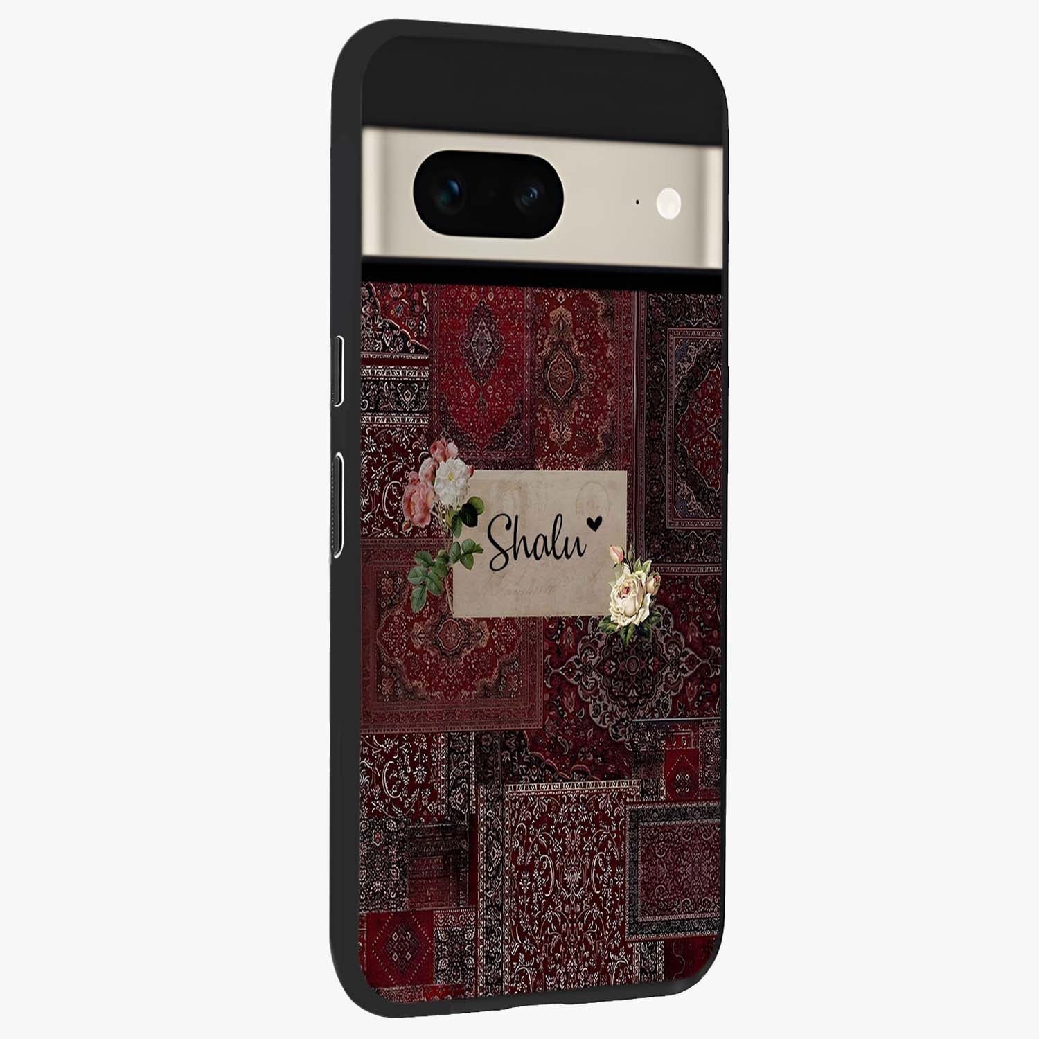 Velvet Wine Pattern Custom Name Glass Case upright view showcasing luxurious wine toned artwork with personalized aesthetic.
