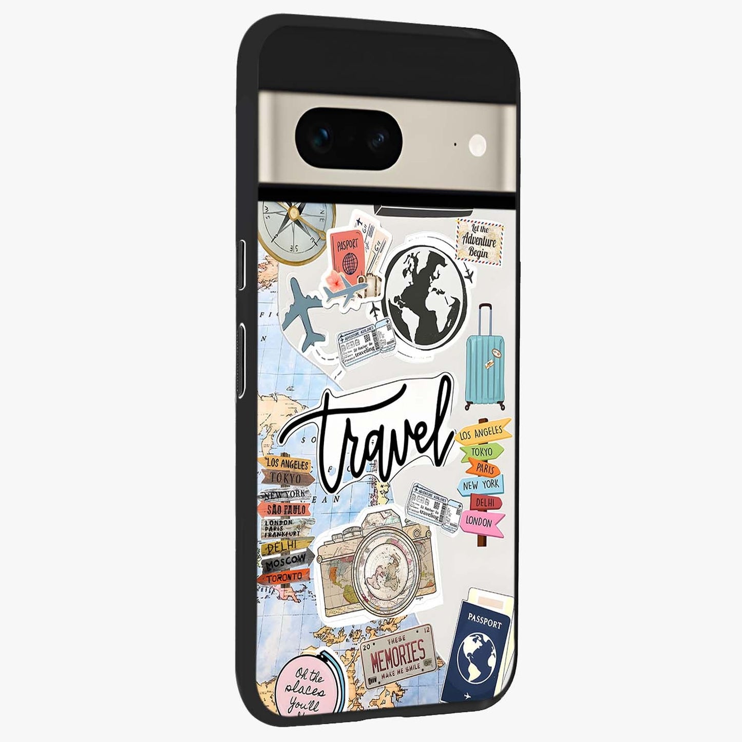 Wanderlust Journal Glass Case upright view showcasing wanderlust inspired artwork with creative exploration theme.