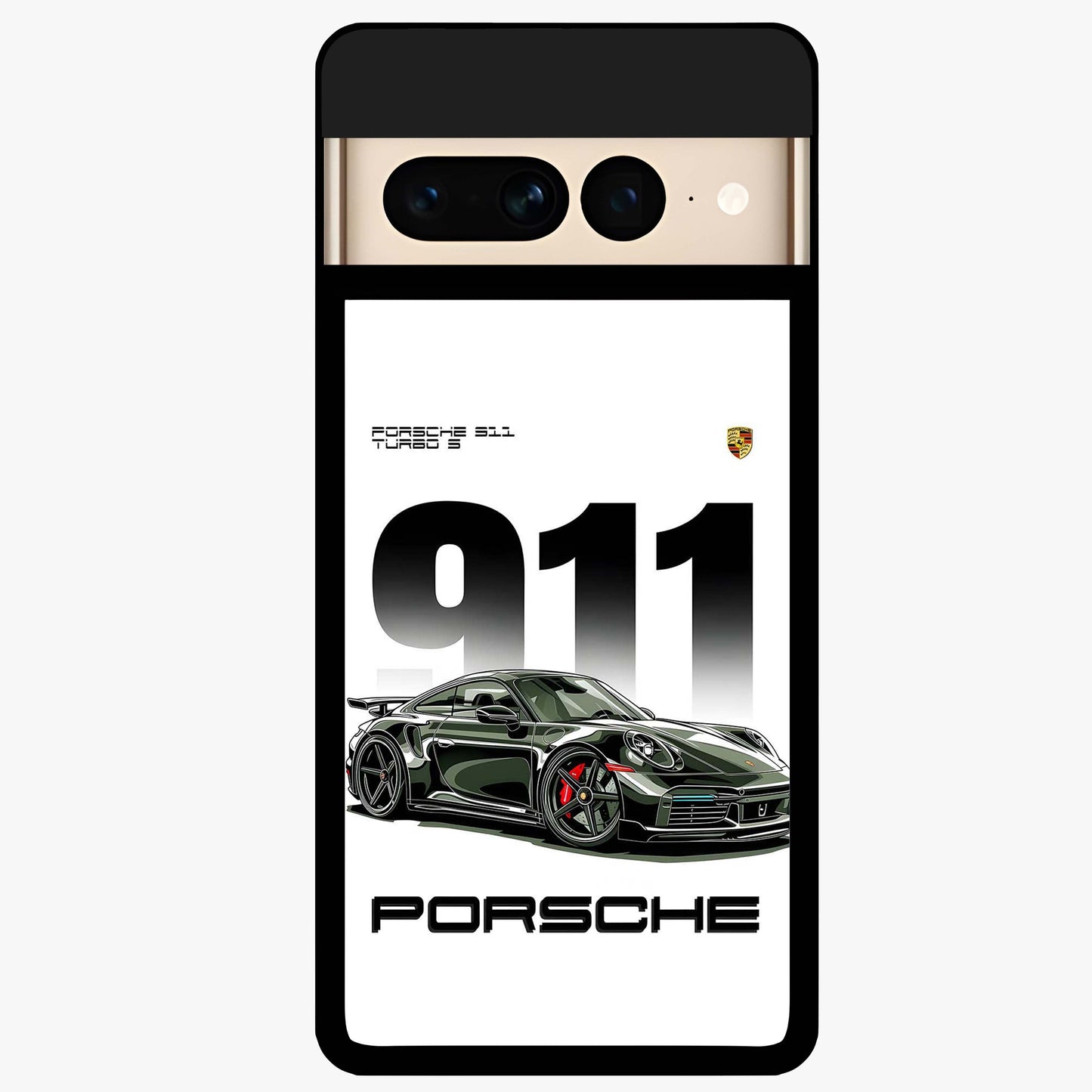 911 Turbo Dominance Glass Case showing clean flat back view with bold 911 sports car artwork and glossy glass finish.
