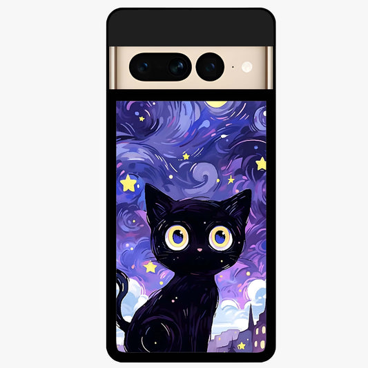 Abstract Cat Art Glass Case showing flat back view with artistic cat illustration and glossy glass finish.