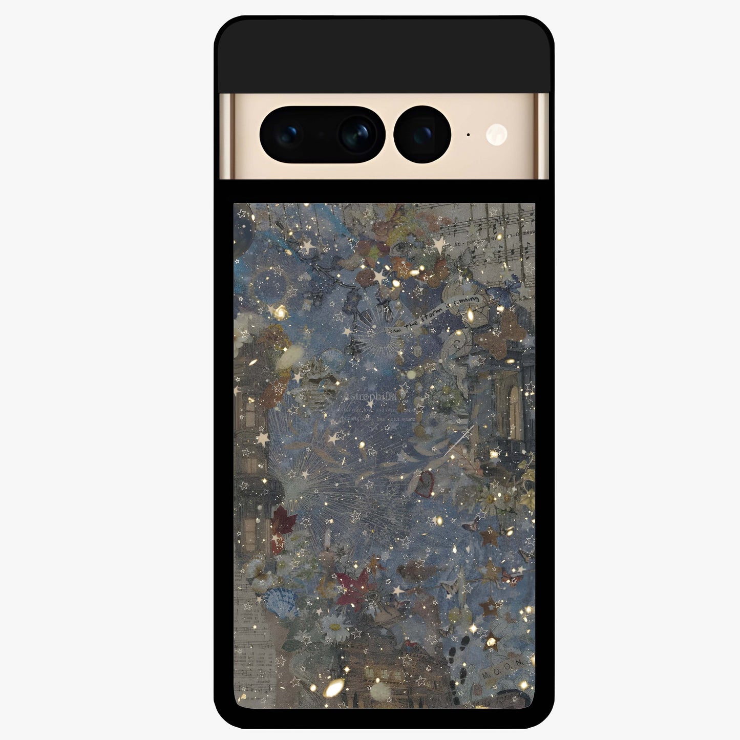 Aesthetic Astrolophia Glass Case showing flat back view with dreamy aesthetic design and glossy glass finish.