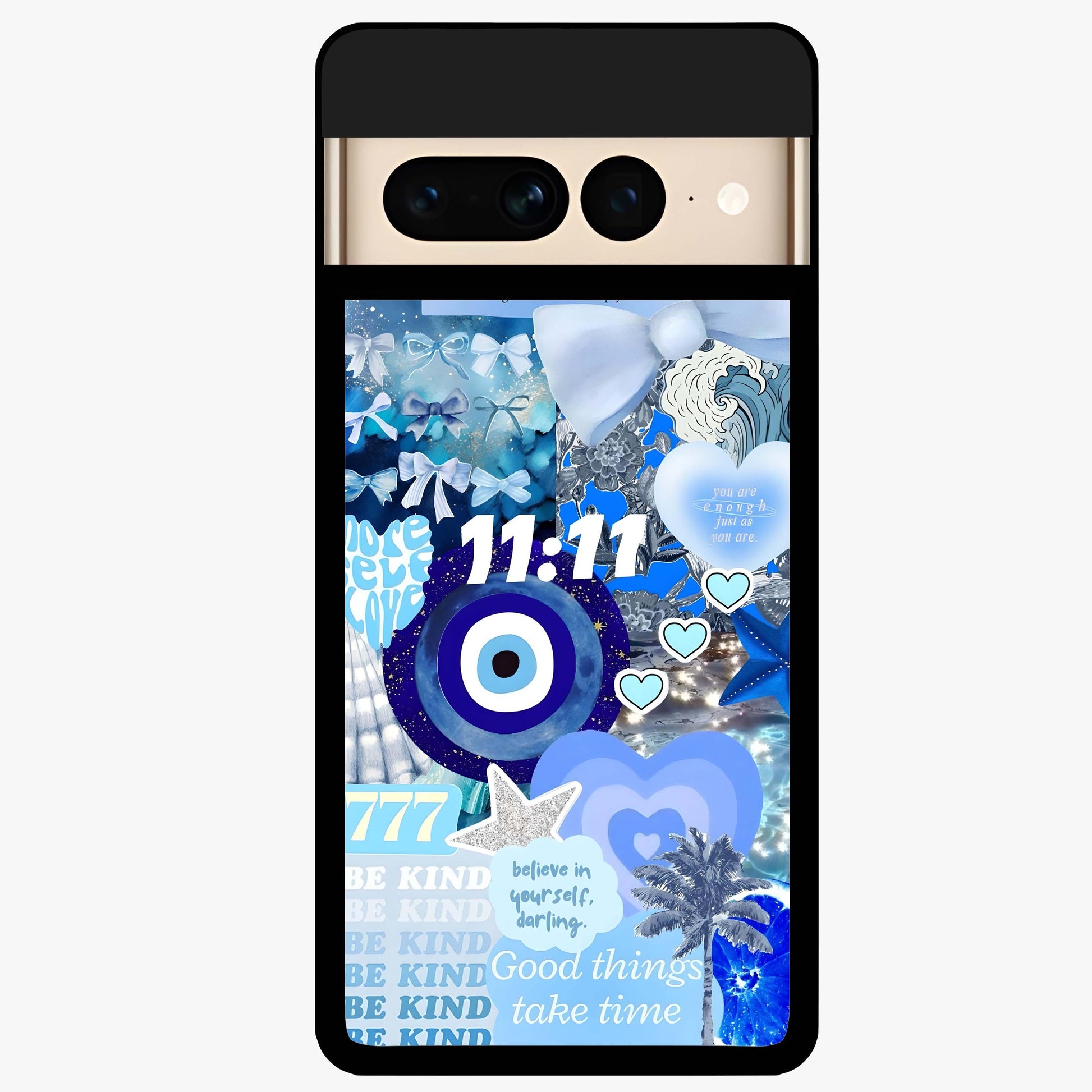 Aesthetic Be Kind Eye Glass Case showing flat back view with motivational eye artwork and glossy glass finish.