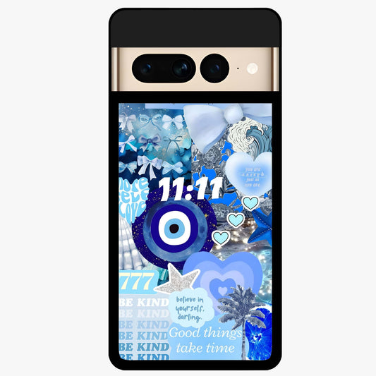 Aesthetic Be Kind Eye Glass Case showing flat back view with motivational eye artwork and glossy glass finish.