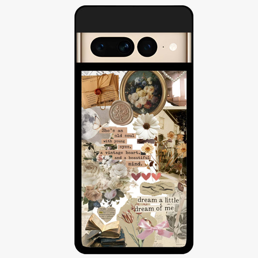 Aesthetic Brown Vintage Collage Glass Case showing flat back view with retro collage artwork and glossy glass finish.