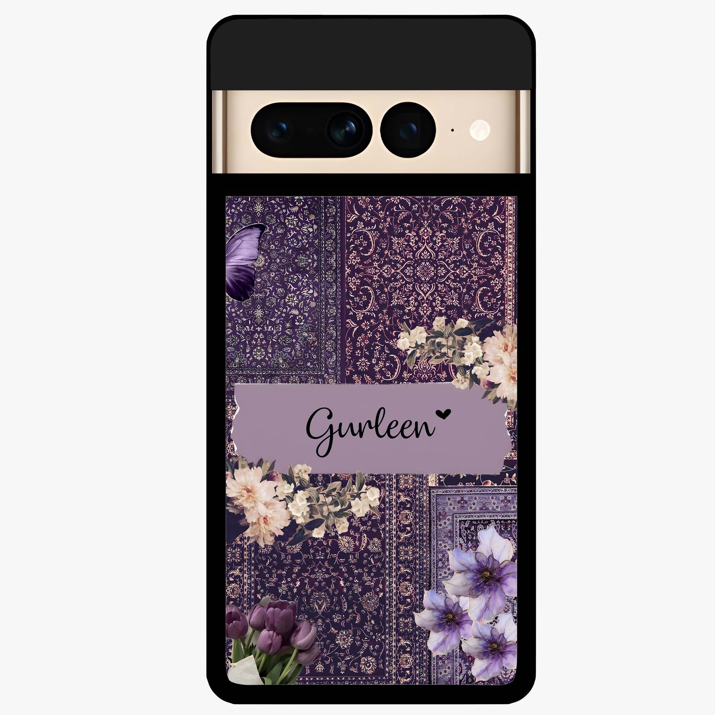 Antique Floral Whisper Custom Name Glass Case showing flat back view with vintage floral artwork and personalized name design.