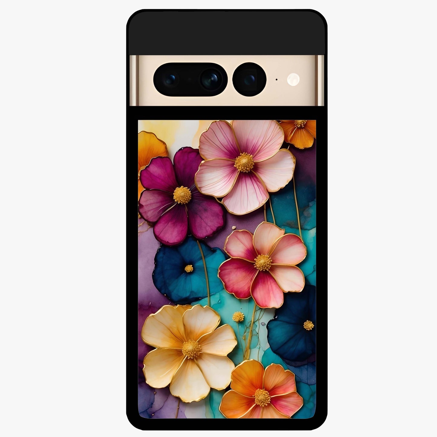Artlyn Grace Flower Pattern Glass Case showing flat back view with elegant floral pattern artwork and glossy glass finish.