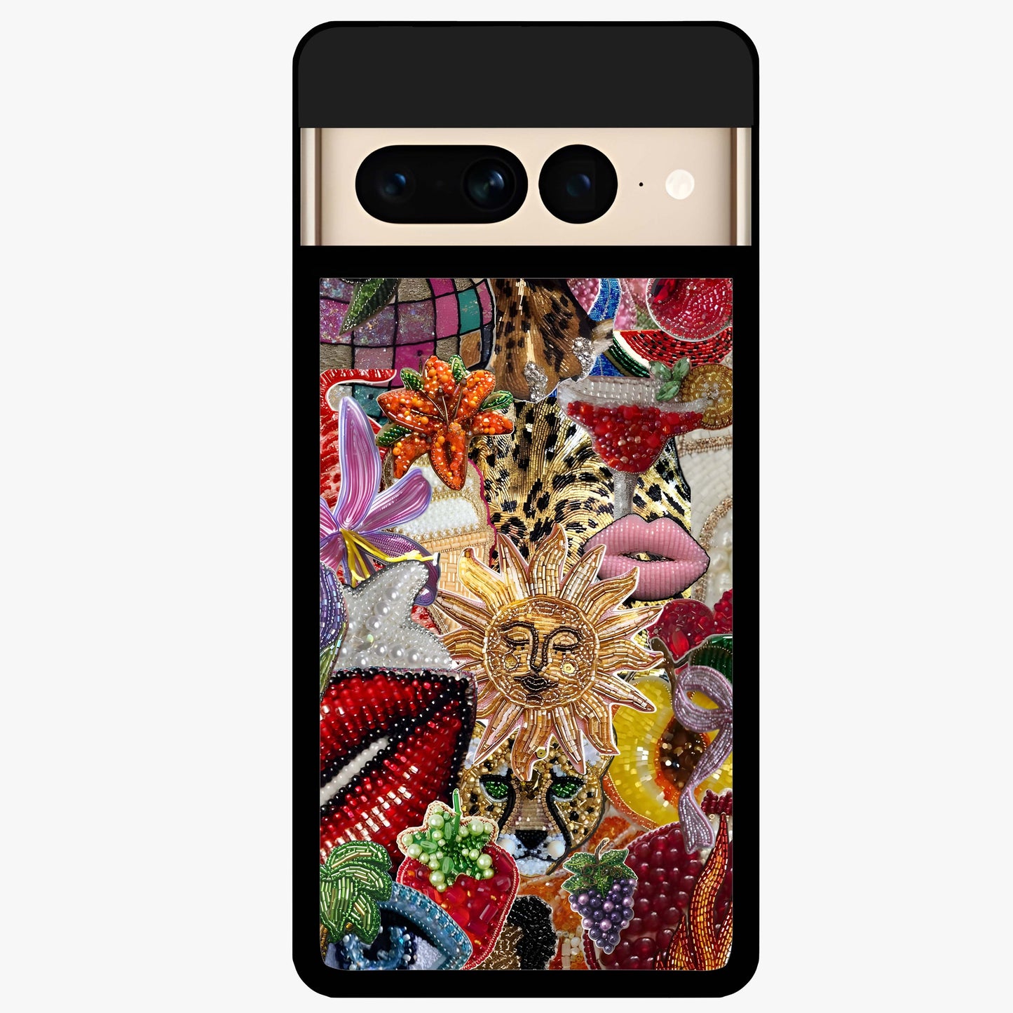 Beaded Fashion Jungle Glass Case showing flat back view with vibrant jungle inspired bead artwork and glossy glass finish.
