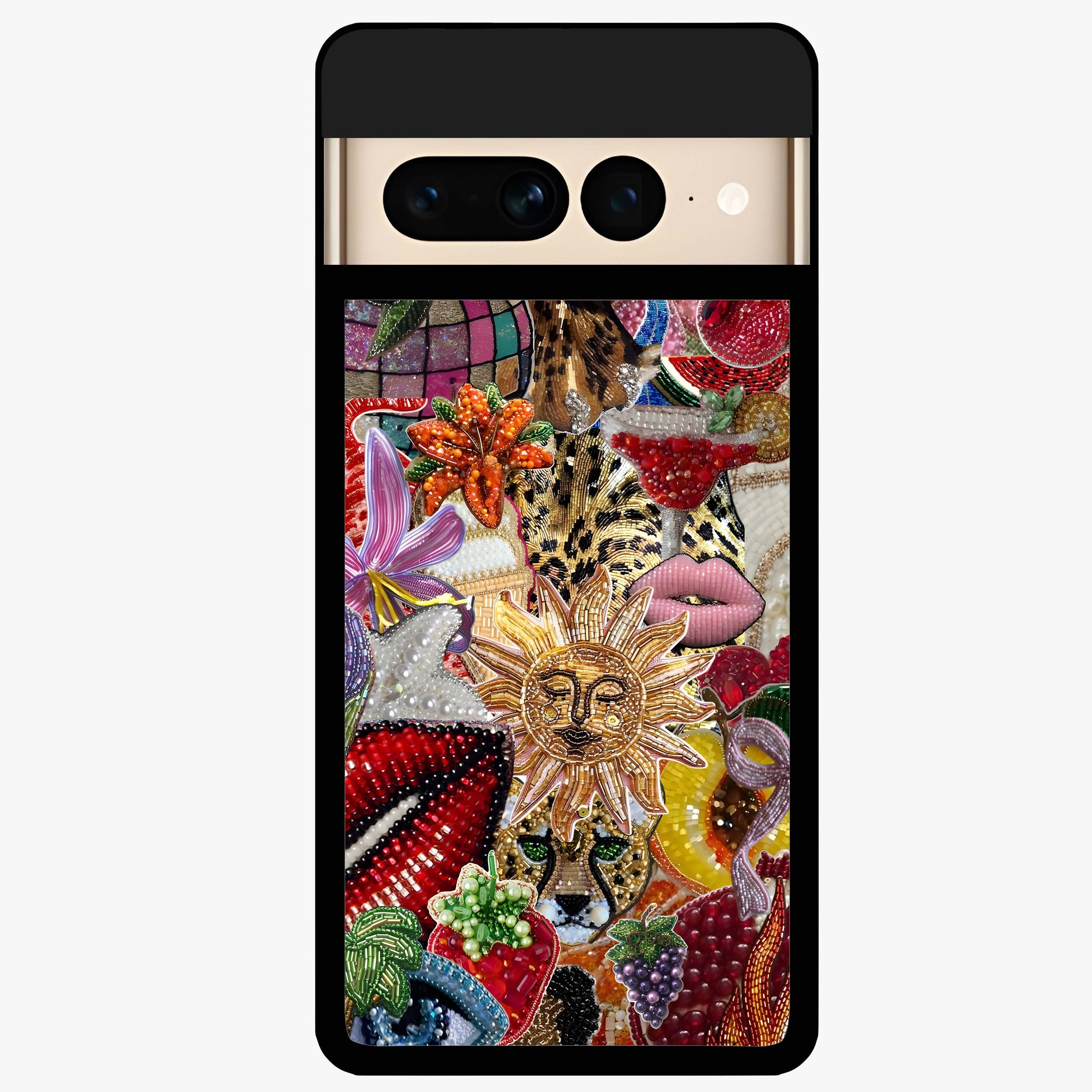 Beaded Fashion Jungle Glass Case showing flat back view with vibrant jungle inspired bead artwork and glossy glass finish.