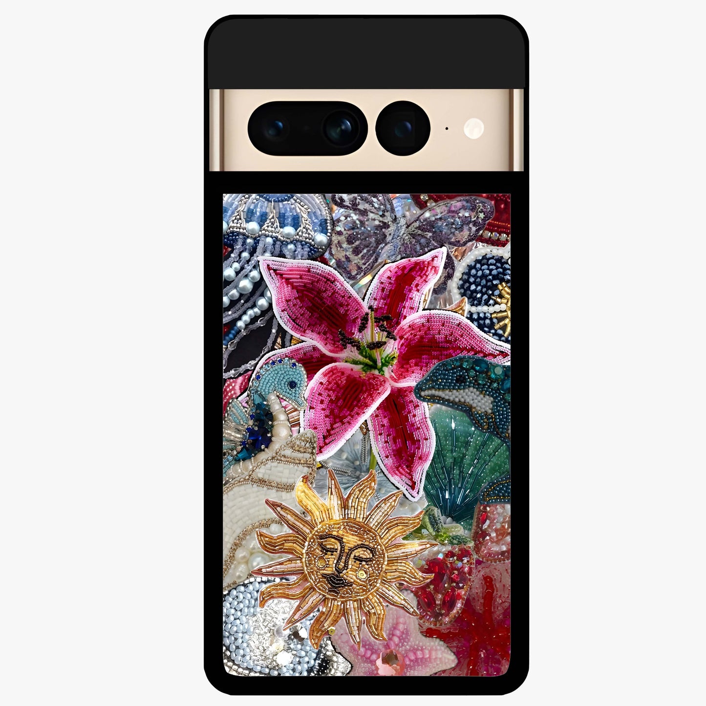 Beaded Garden Fantasy Glass Case showing flat back view with dreamy garden bead artwork and glossy glass finish.