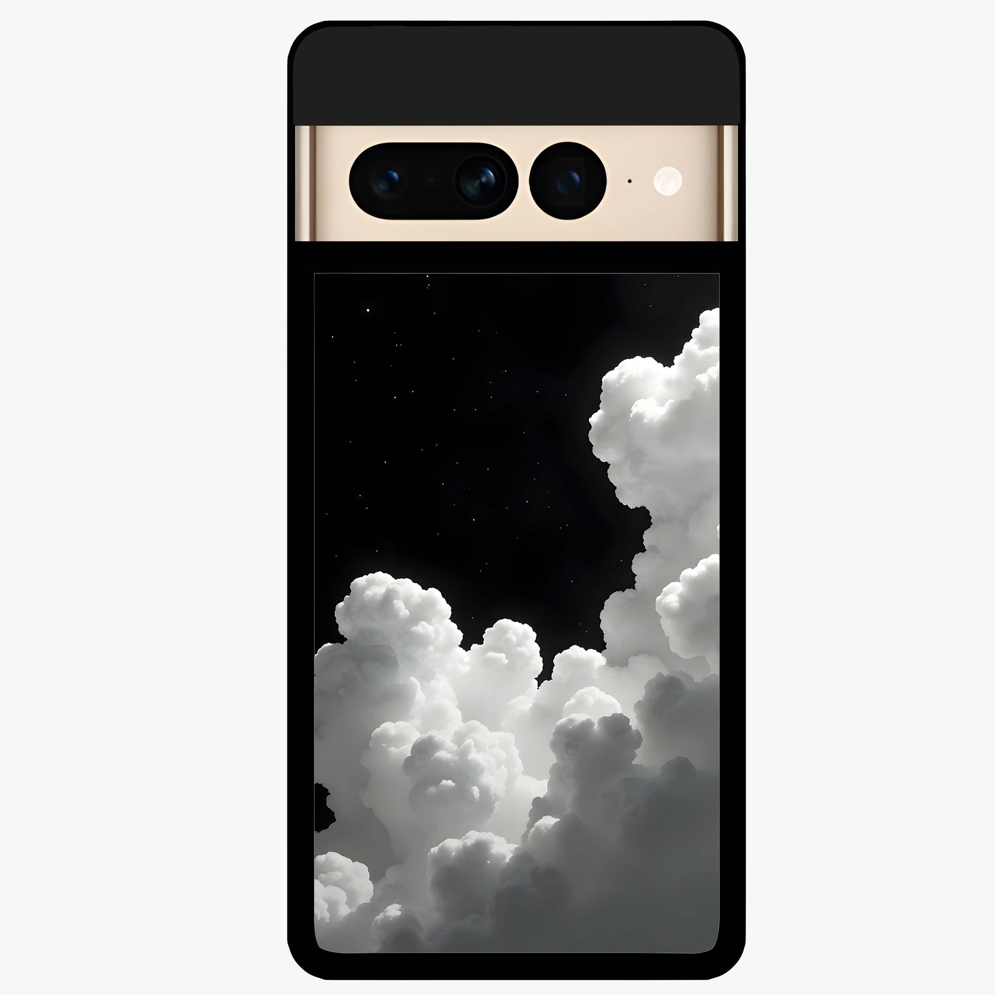 Black Background With White Cloud Glass Case showing flat back view with minimal cloud artwork on dark background and glossy glass finish.