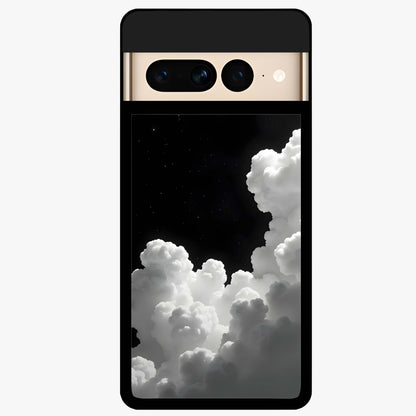 Black Background With White Cloud Glass Case showing flat back view with minimal cloud artwork on dark background and glossy glass finish.