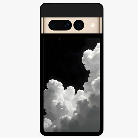 Black Background With White Cloud Glass Case showing flat back view with minimal cloud artwork on dark background and glossy glass finish.