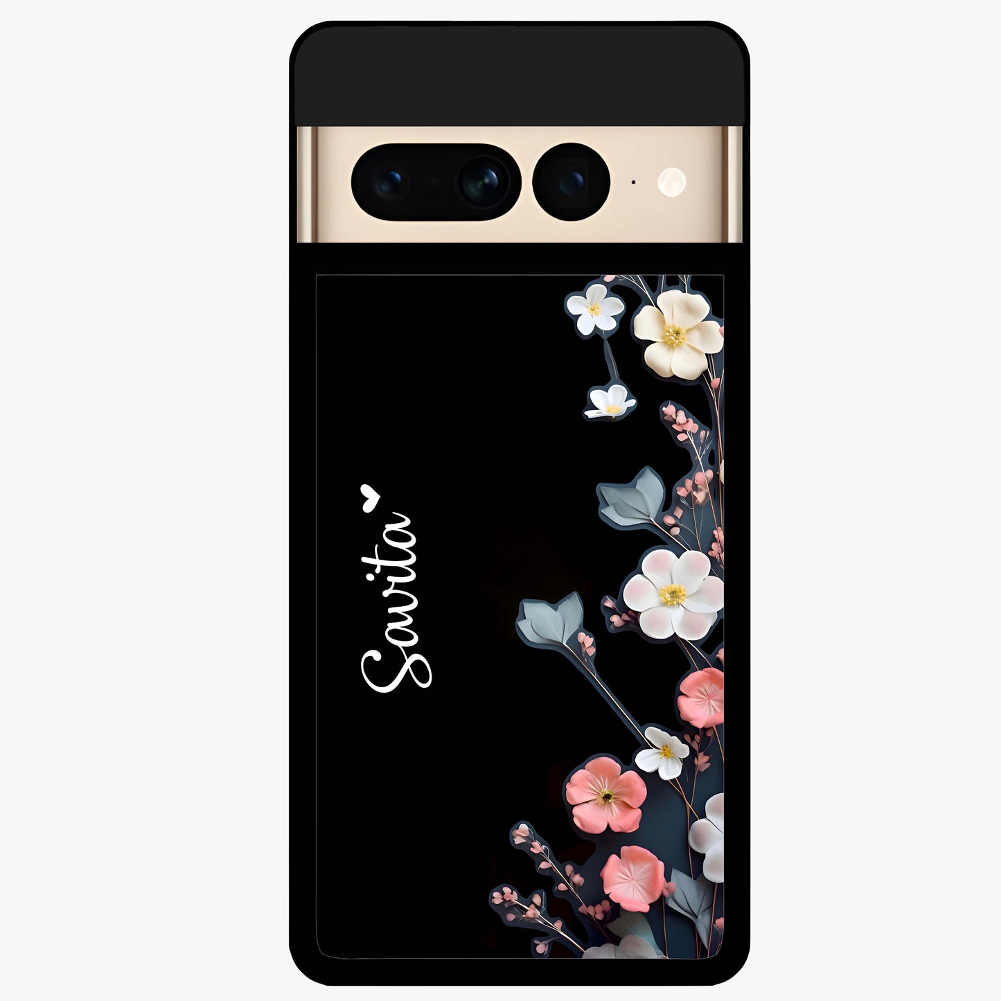 Black Elegance Floral Custom Name Glass Case showing flat back view with elegant floral artwork and personalized name design.