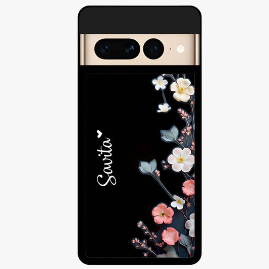 Black Elegance Floral Custom Name Glass Case showing flat back view with elegant floral artwork and personalized name design.