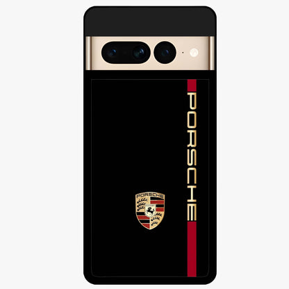 Black Minimal Porsche Glass Case showing flat back view with sleek minimal sports car artwork and glossy glass finish.