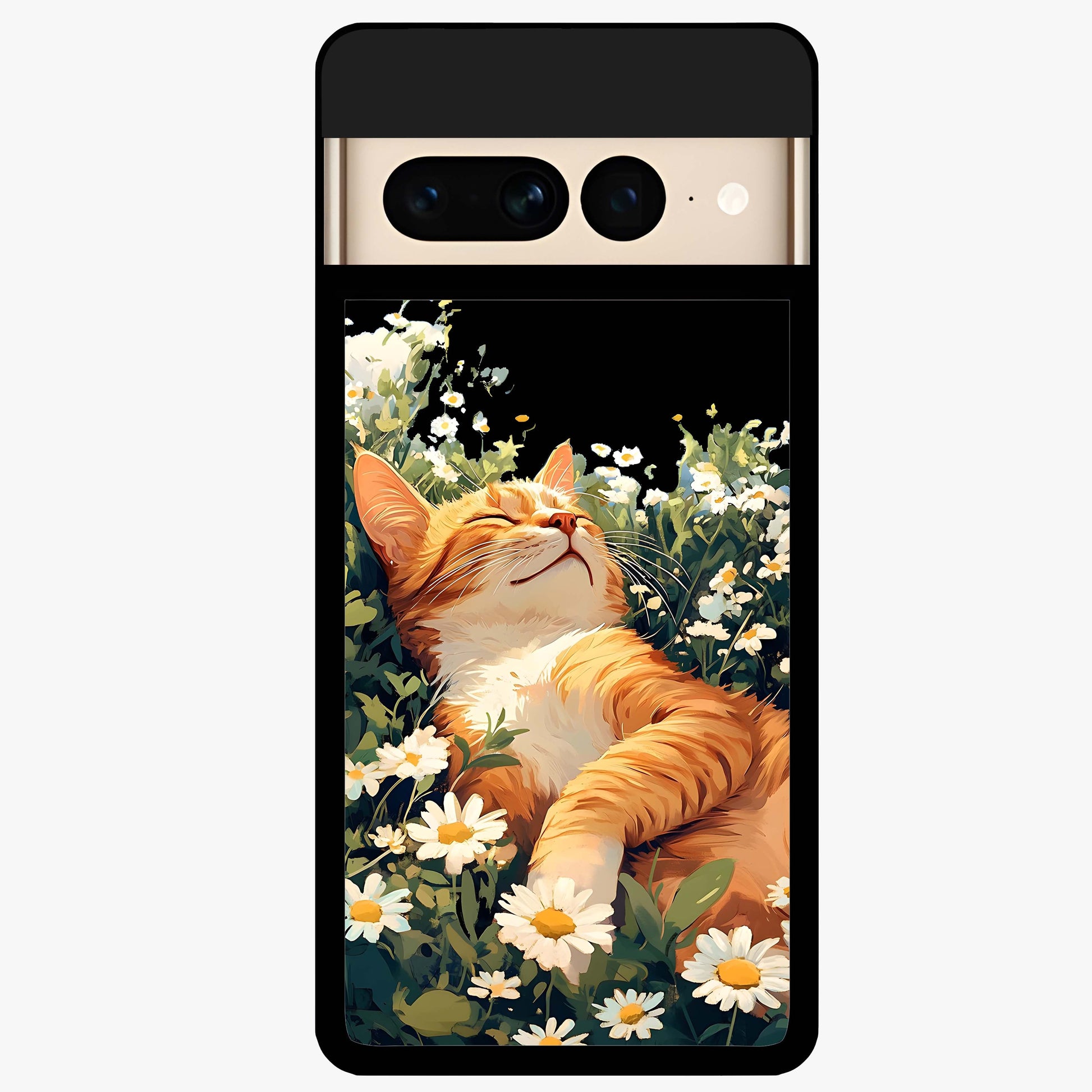 Blissful Bloom Cat Glass Case showing flat back view with cute cat and floral bloom artwork and glossy glass finish.