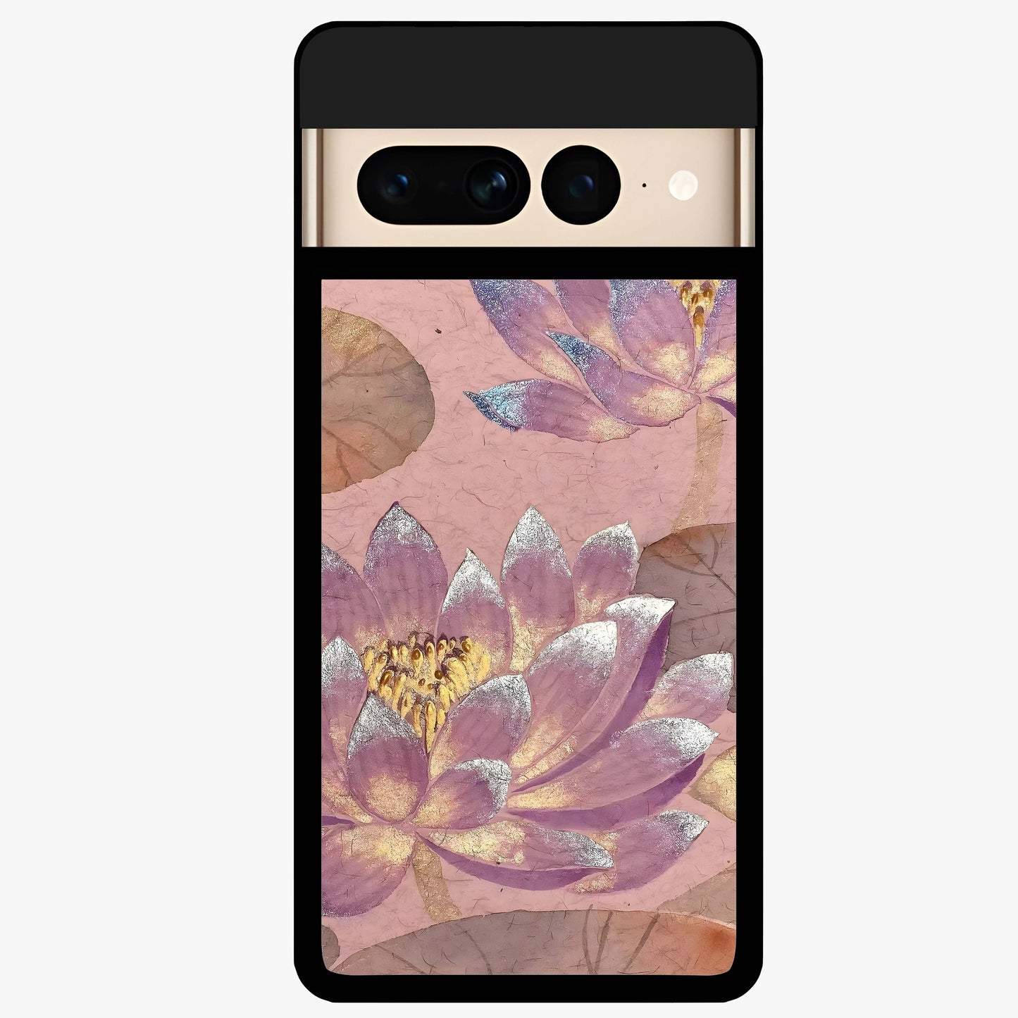 Blossom Mist Lotus Glass Case showing flat back view with serene lotus blossom artwork and glossy glass finish.