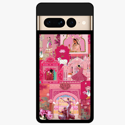 Blossoms of Rajasthan Glass Case showing flat back view with traditional floral artwork inspired by Rajasthan and glossy glass finish.