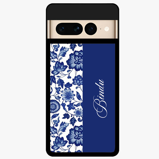 Blue Vintage Floral Pattern Glass Case upright view showcasing timeless floral illustration with vintage inspired style.