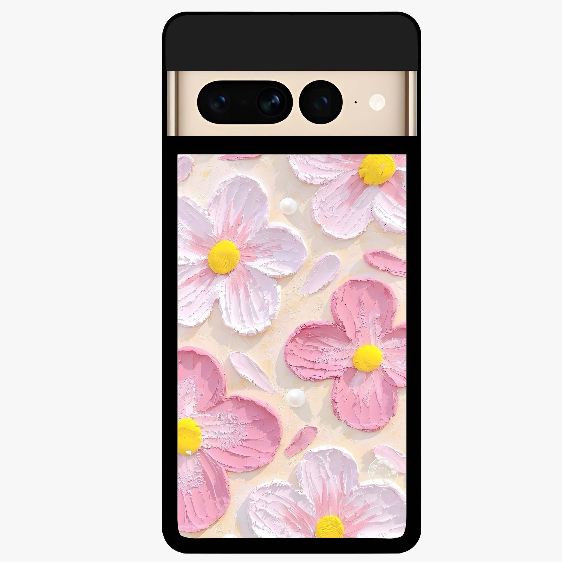 Blush Bloom Texture Glass Case showing flat back view with soft blush floral texture artwork and glossy glass finish.