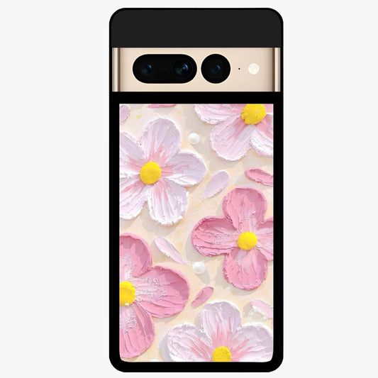 Blush Bloom Texture Glass Case showing flat back view with soft blush floral texture artwork and glossy glass finish.