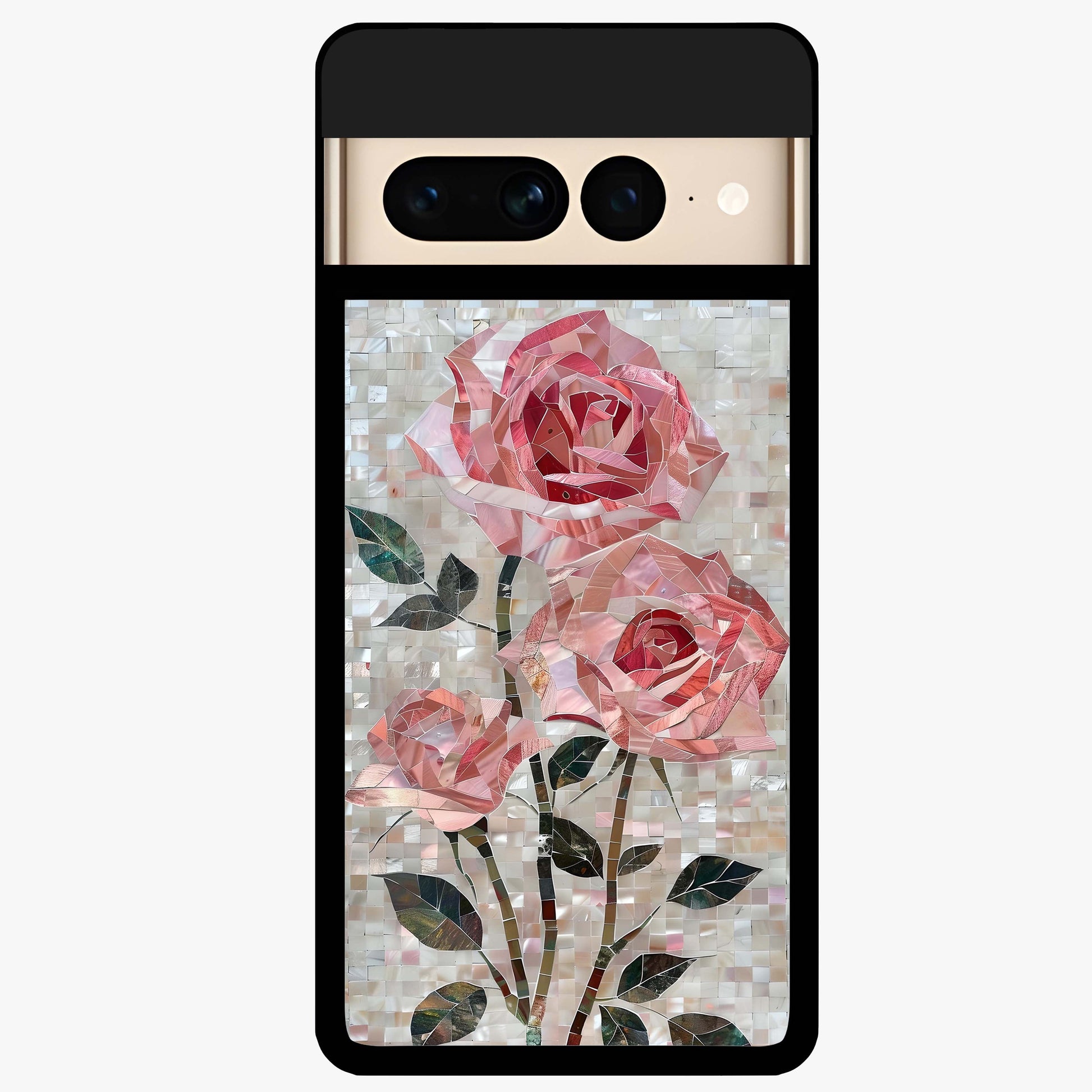 Blush Mosaic Bloom Glass Case showing flat back view with mosaic floral bloom artwork and glossy glass finish.