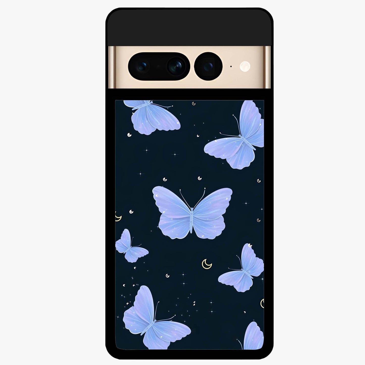 Butterfly With Stars Pattern Glass Case showing flat back view with butterfly and star pattern artwork and glossy glass finish.