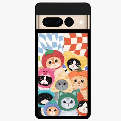 Cats in Fruits Glass Case showing flat back view with playful cat illustrations inside fruit artwork and glossy glass finish.