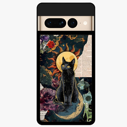 Celestial Black Cat Glass Case showing flat back view with mystical black cat artwork and glossy glass finish.