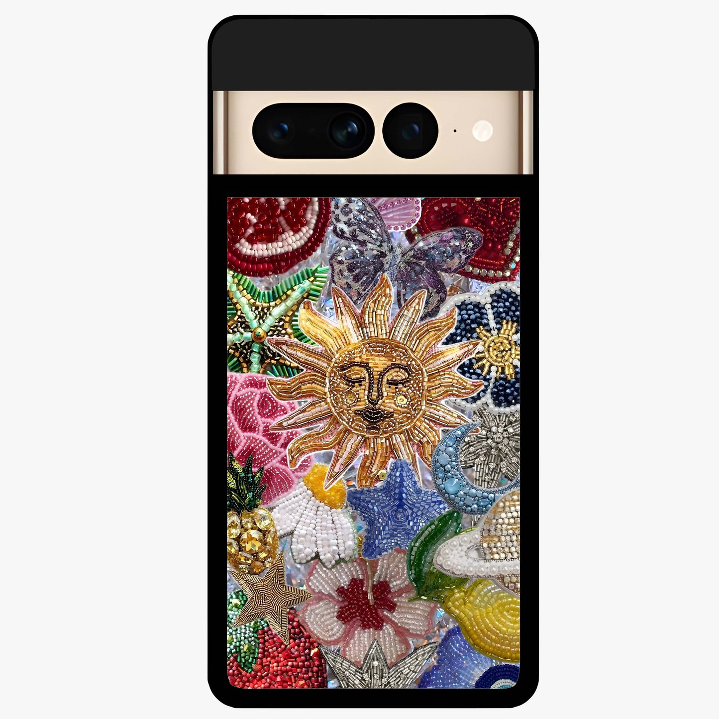 Celestial Floral and Playful Glass Case showing flat back view with floral and celestial themed artwork and glossy glass finish.