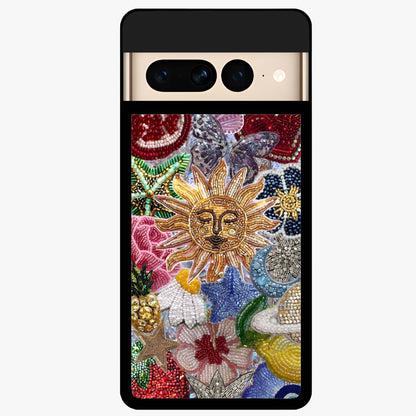 Celestial Floral and Playful Glass Case showing flat back view with floral and celestial themed artwork and glossy glass finish.
