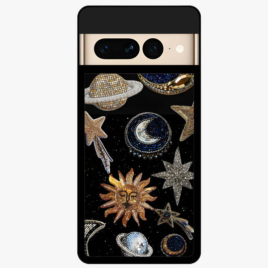Celestial Gem Constellations Glass Case showing flat back view with sparkling constellation artwork and glossy glass finish.
