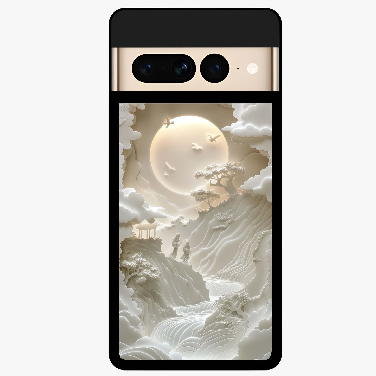 Celestial Origami Glass Case showing flat back view with artistic origami inspired celestial artwork and glossy glass finish.