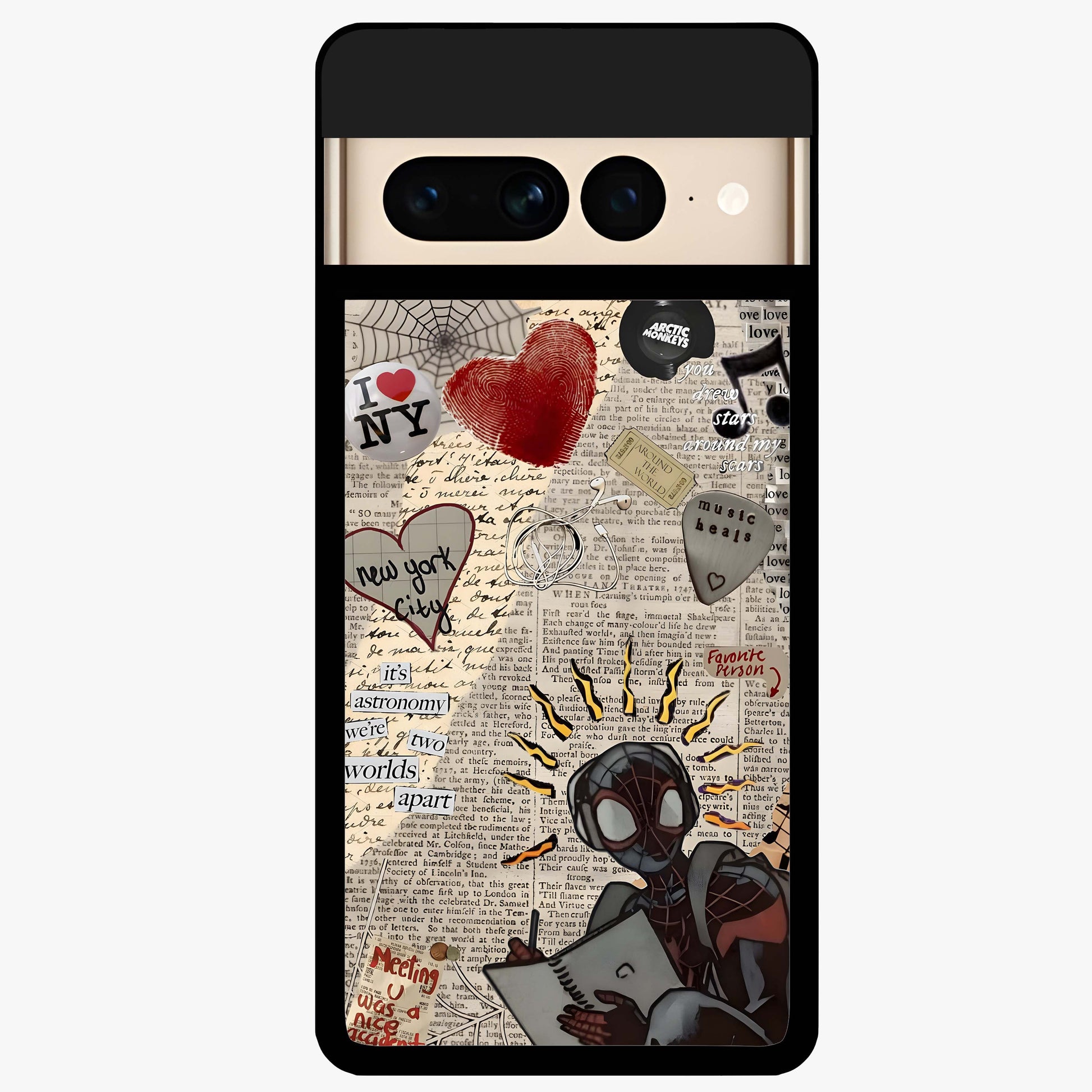 City Dream Sketch Glass Case showing flat back view with artistic city skyline sketch artwork and glossy glass finish.