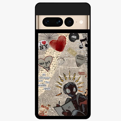 City Dream Sketch Glass Case showing flat back view with artistic city skyline sketch artwork and glossy glass finish.