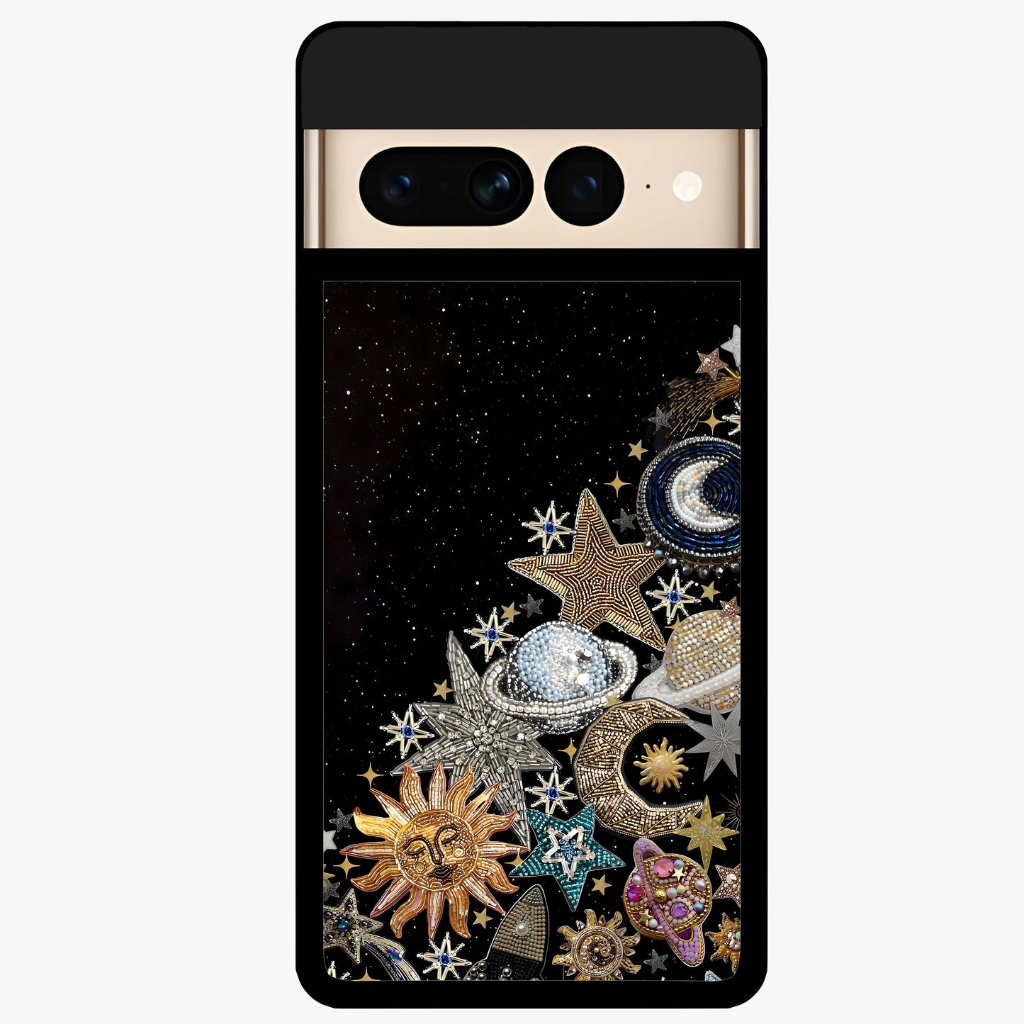 Cosmic Sparkle Dreams Glass Case showing flat back view with sparkling cosmic artwork and glossy glass finish.