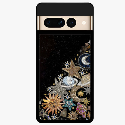 Cosmic Sparkle Dreams Glass Case showing flat back view with sparkling cosmic artwork and glossy glass finish.